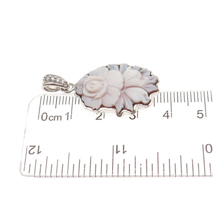925 Sterling Silver Vintage Italy Real MOP & C Z Floral Cameo Charm Pendant