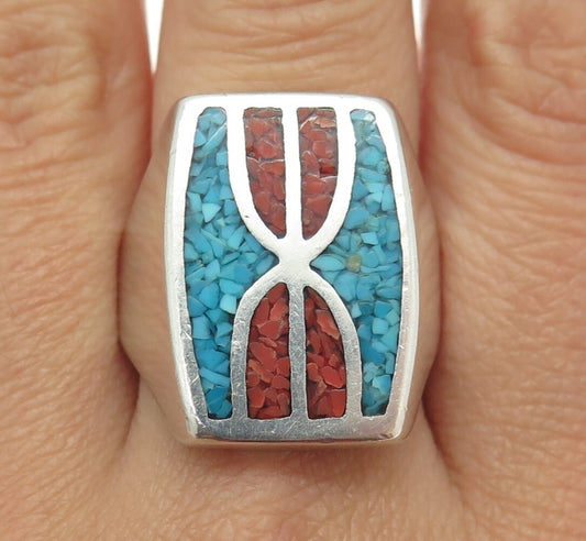Old Pawn 925 Sterling Vintage Coral Turquoise Hourglass Dome Ring Size 11.25