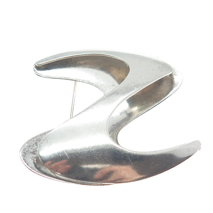 925 Sterling Silver Vintage Mexico Modernist Wavy Letter S Pin Brooch