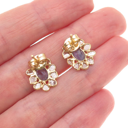 925 Sterling Silver Gold Plated Real Rose-Cut Diamond Tanzanite Floral Earrings