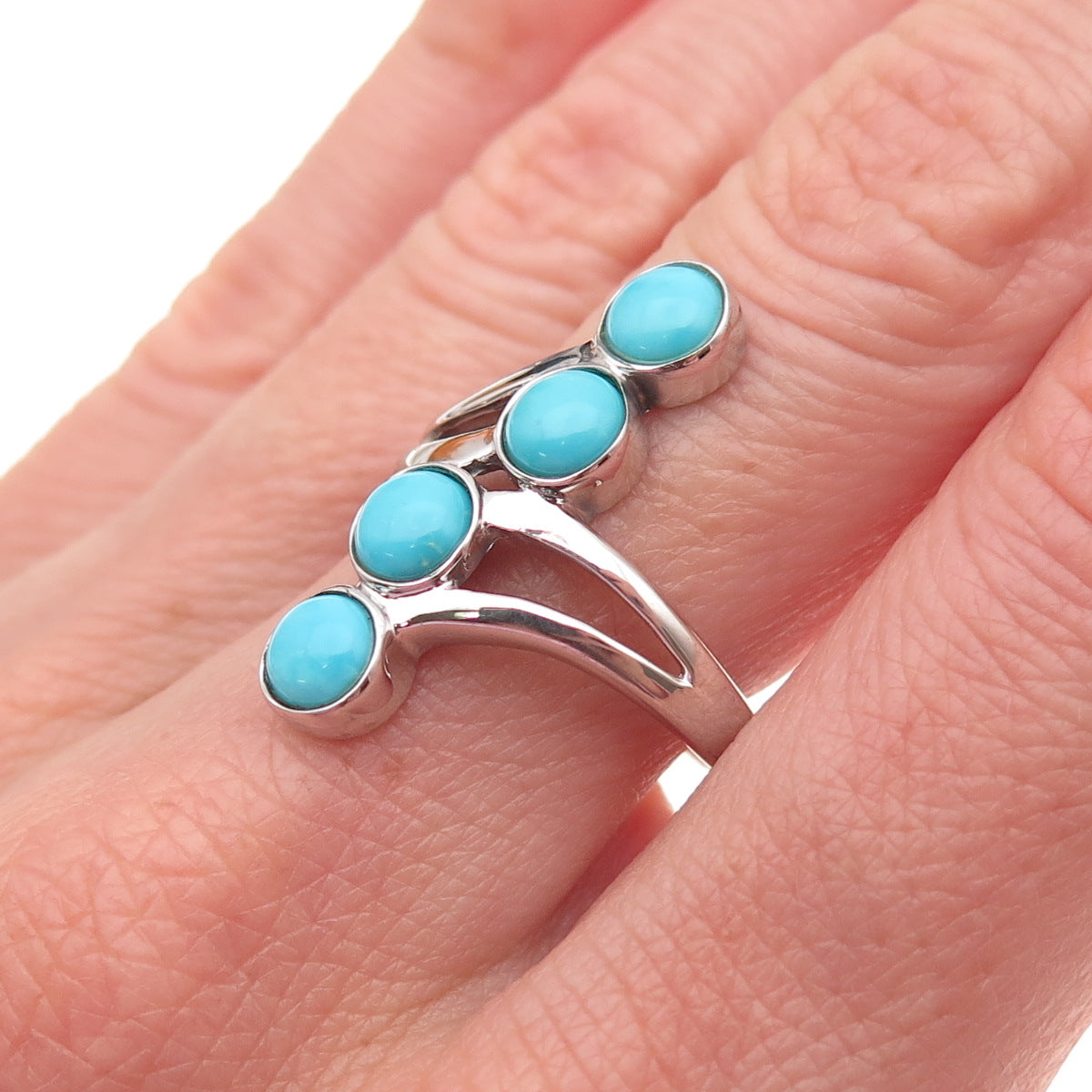 925 Sterling Silver Real Sleeping Beauty Turquoise Bypass Ring Size 8