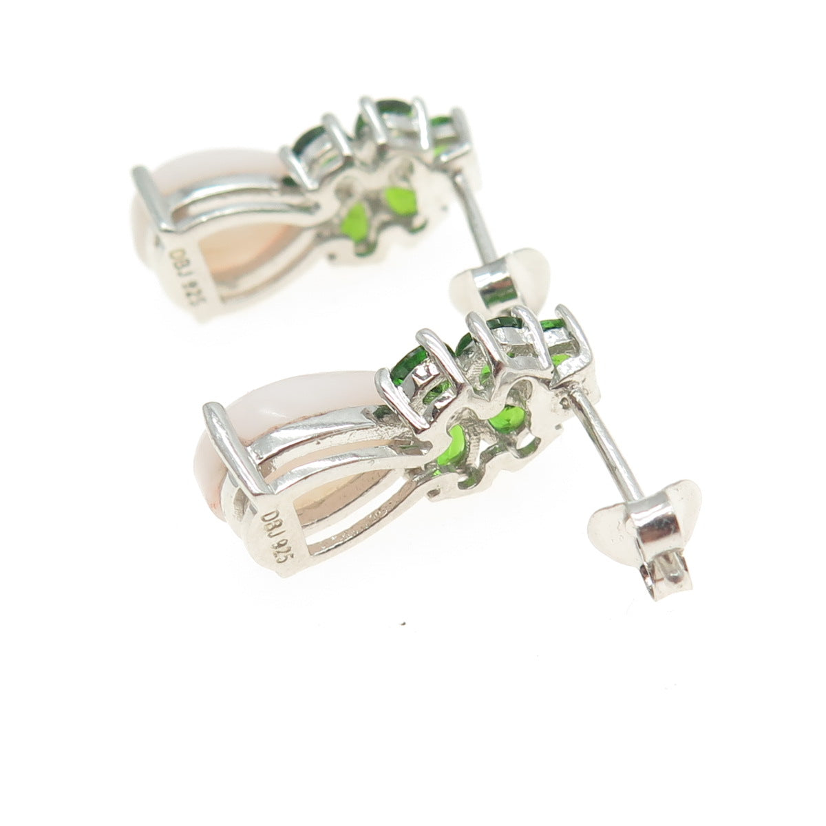 925 Sterling Silver Real Rose Quartz & Peridot Gemstone Dangle Earrings