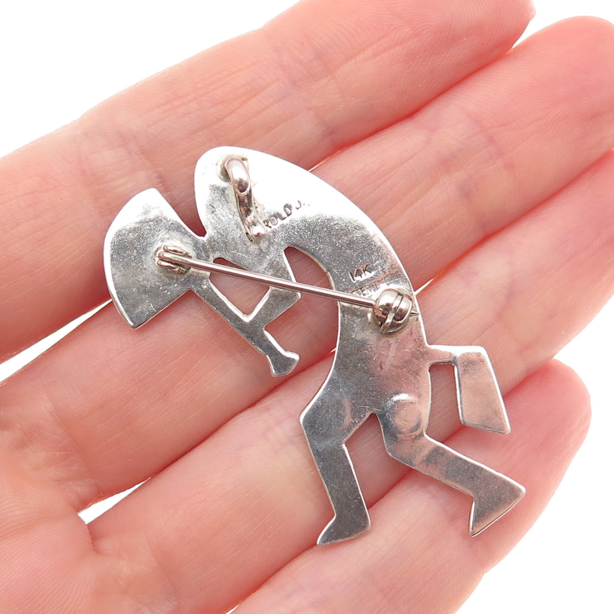 Harold Joe Old Pawn 925 Sterling 14K Gold Vintage Kokopelli Pin Brooch / Pendant