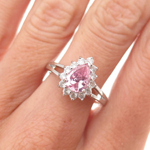 Diadema 925 Sterling Silver Pear-Cut Pink & Round-Cut White C Z Ring Size 8