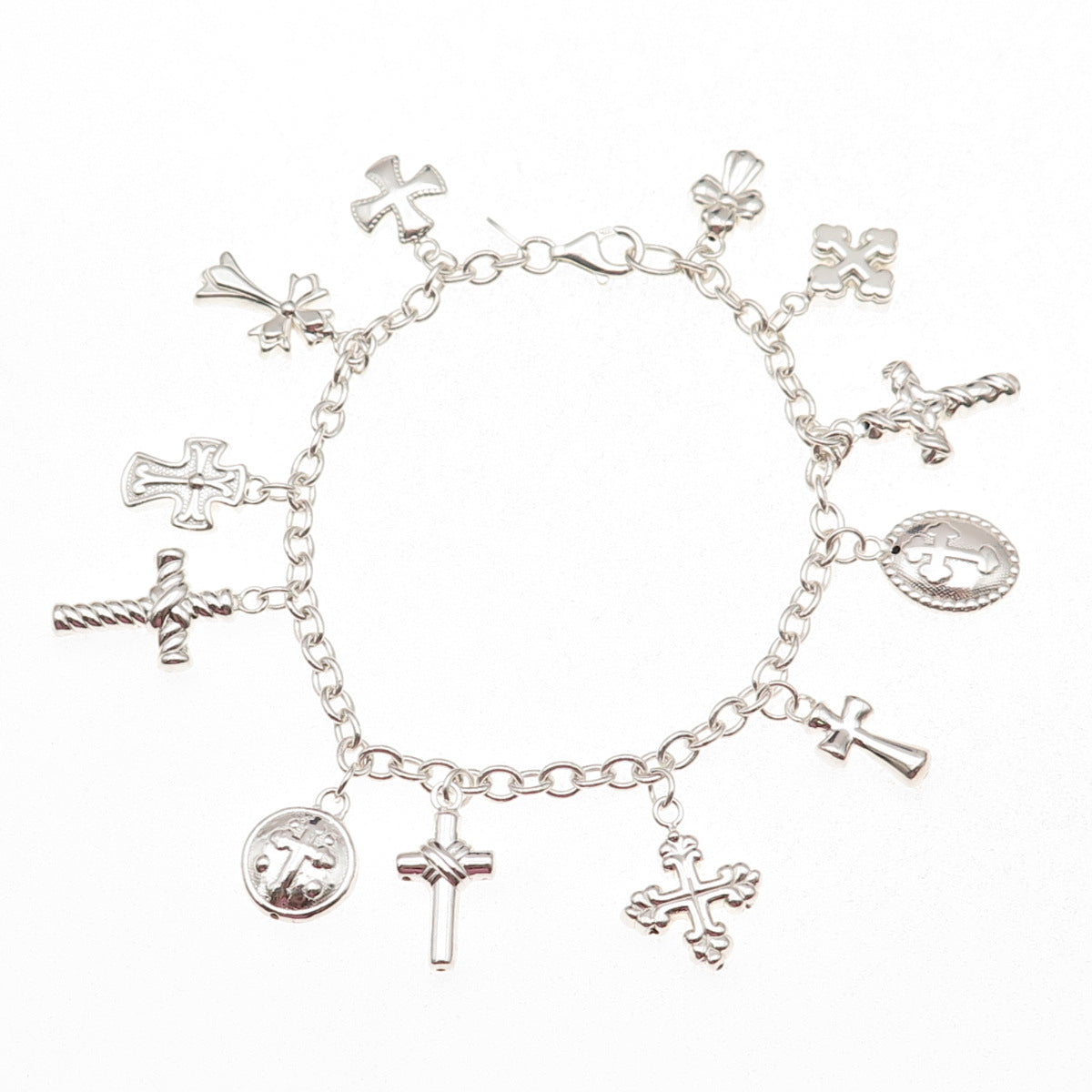 Jacmel Mauritius 925 Sterling Silver Vintage Cross Dangle Charms Bracelet 7.75"