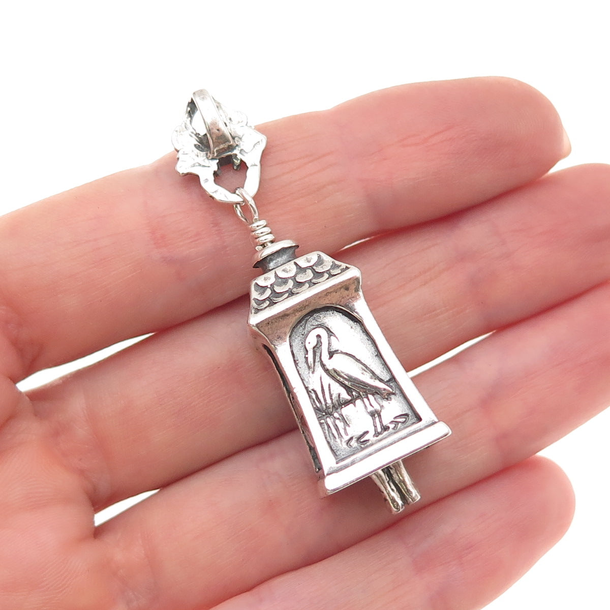 925 Sterling Vintage Lighthouse & Stork Bell 1791 Oxidized 3D Charm Pendant
