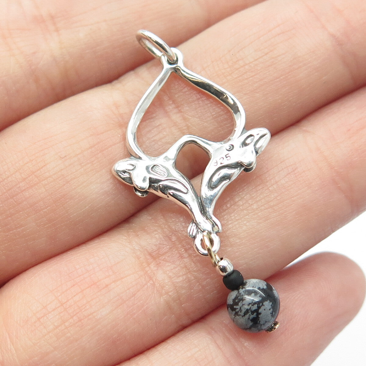 925 Sterling Silver Vintage Snowflake Obsidian Gem Couple of Dolphins Pendant