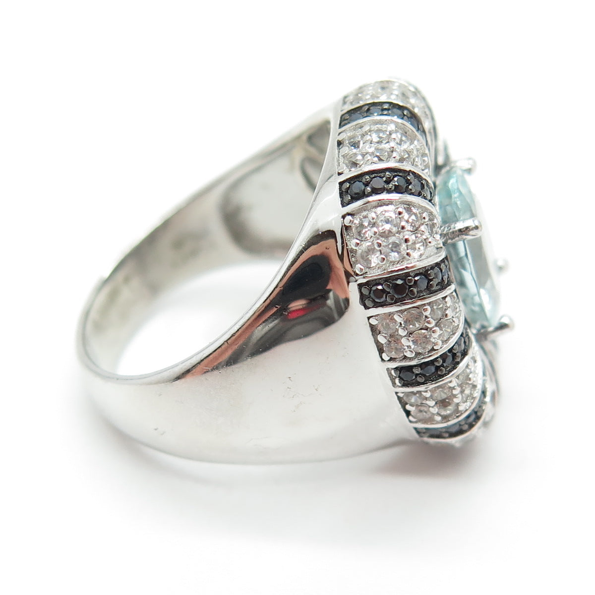 925 Sterling Silver Real Blue & White Topaz Black Spinel Ring Size 8