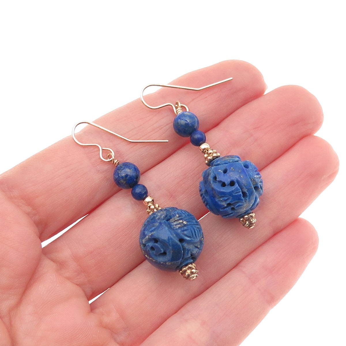 1/20 14K Gold Filled Vintage Real Lapis Carved Ball Beaded Dangle Earrings