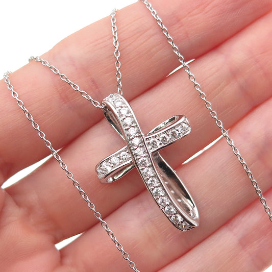 925 Sterling Silver Round-Cut C Z Cross Cable Chain Necklace 16-18"