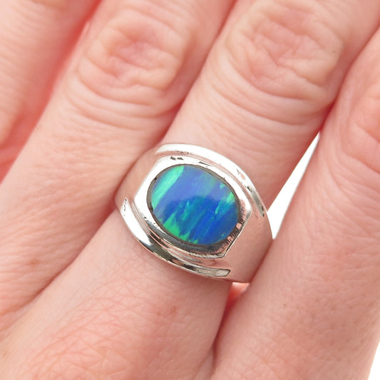 925 Sterling Silver Vintage Mexico Real Opal Modernist Ring Size 8.25