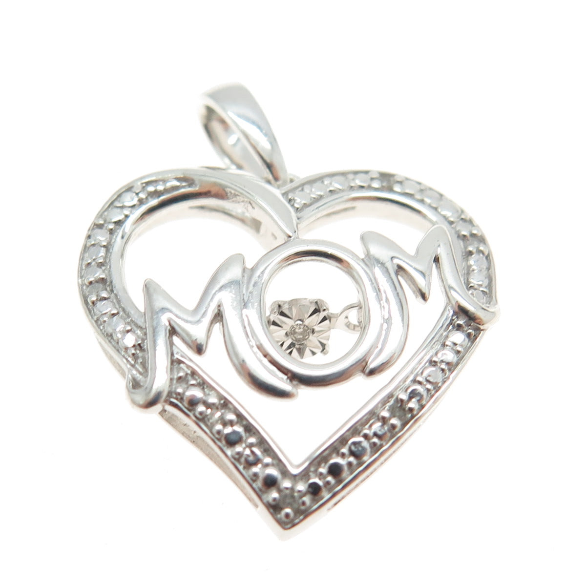 925 Sterling Silver Real Round-Cut Diamond "MOM" Heart Pendant