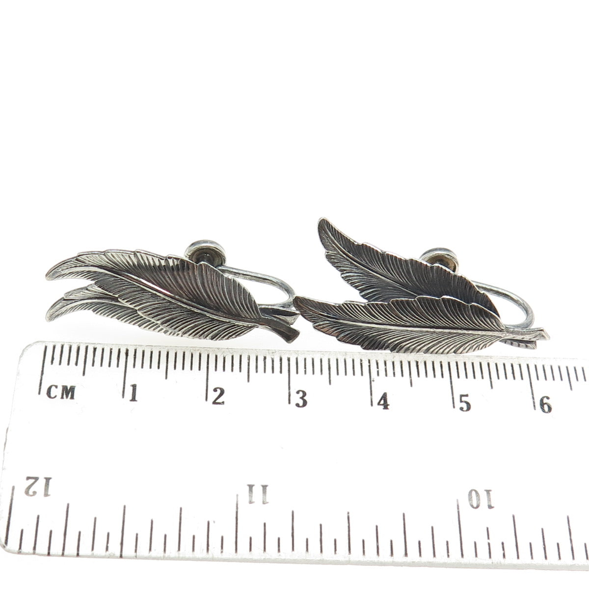 BEAU 925 Sterling Silver Antique Art Deco Feather Screw Back Earrings