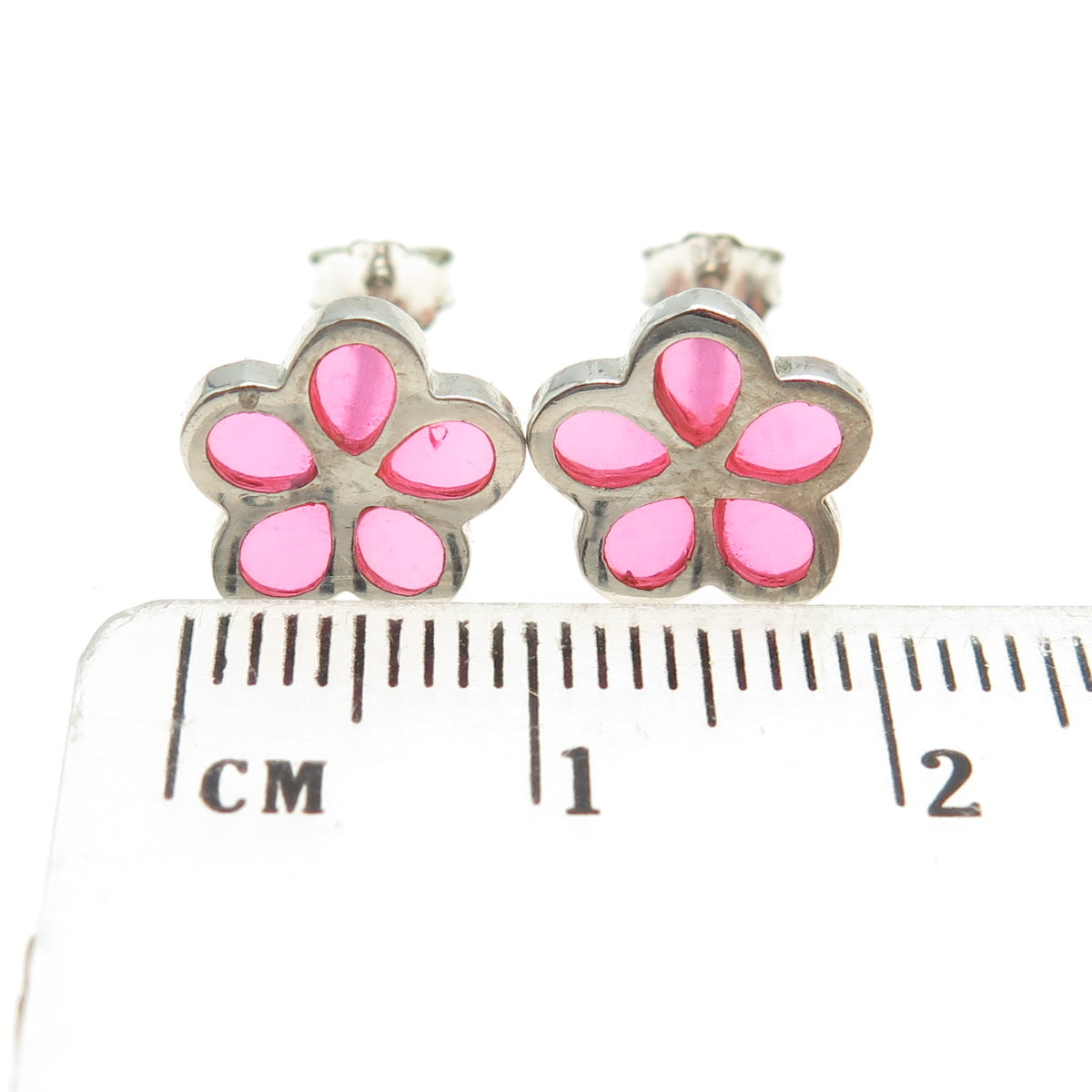 925 Sterling Silver Pink Glass Floral Stud Earrings