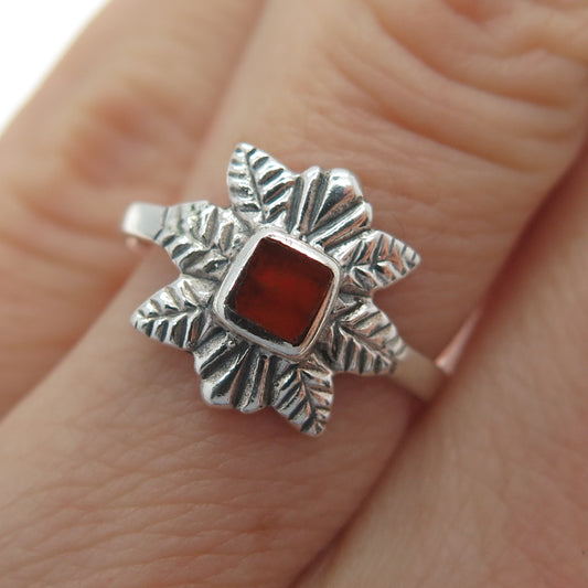 925 Sterling Silver Vintage Real Carnelian Floral Leaf Oxidized Ring Size 4.5
