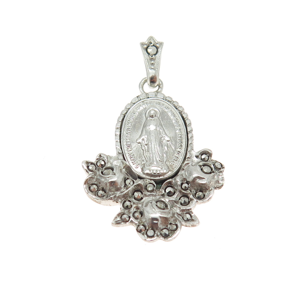 925 Sterling Silver Antique Marcasite Gem St. Mary Miraculous Religious Pendant