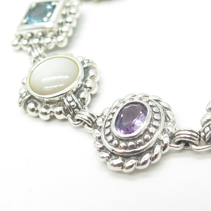 925 Sterling Silver Vintage Real Blue Topaz Amethyst & MOP Dotted Bracelet 7.5"