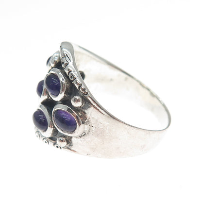 925 Sterling Silver Vintage Real Amethyst Modernist Oxidized Ring Size 9.75