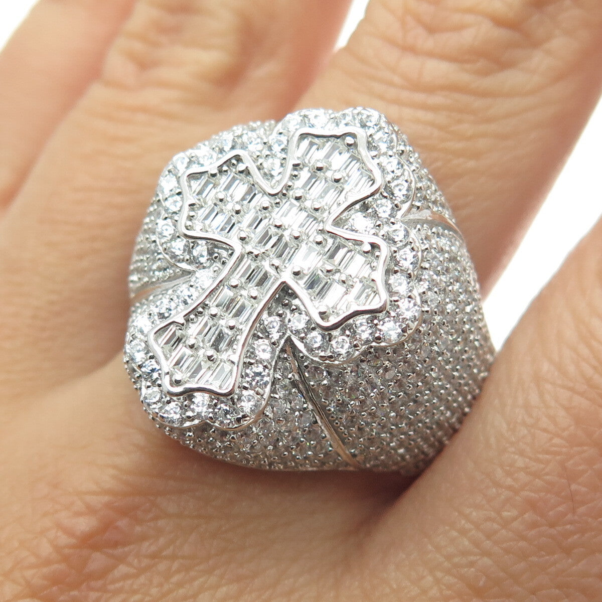 925 Sterling Silver Emerald-Cut Round-Cut Shaped C Z Cross Dome Ring Size 12.25