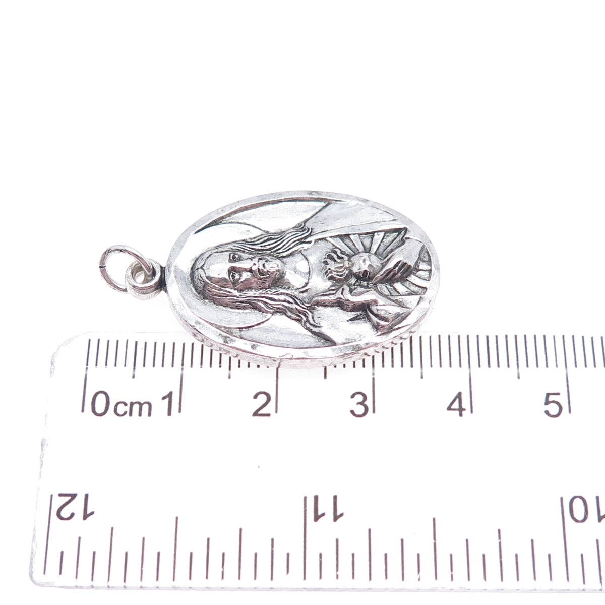 925 Sterling Silver Antique Art Deco St. Mary & Jesus Oxidized Charm Pendant