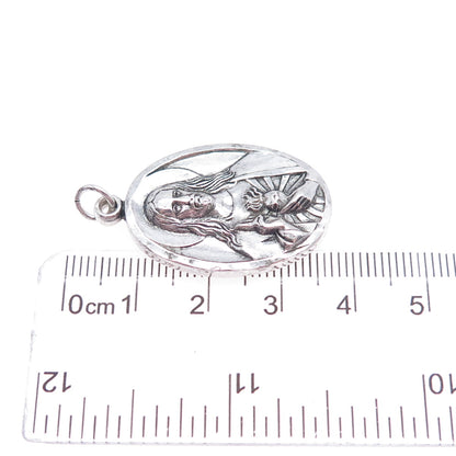 925 Sterling Silver Antique Art Deco St. Mary & Jesus Oxidized Charm Pendant