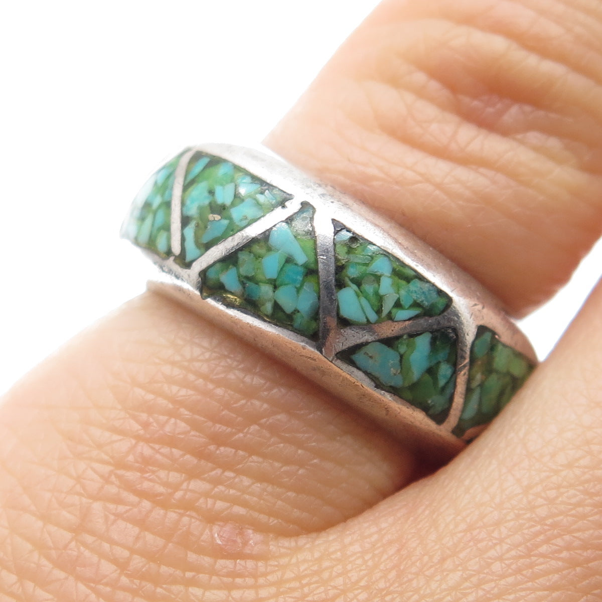 Old Pawn Sterling Silver Vintage Southwestern Turquoise Inlay Band Ring Size 5.5
