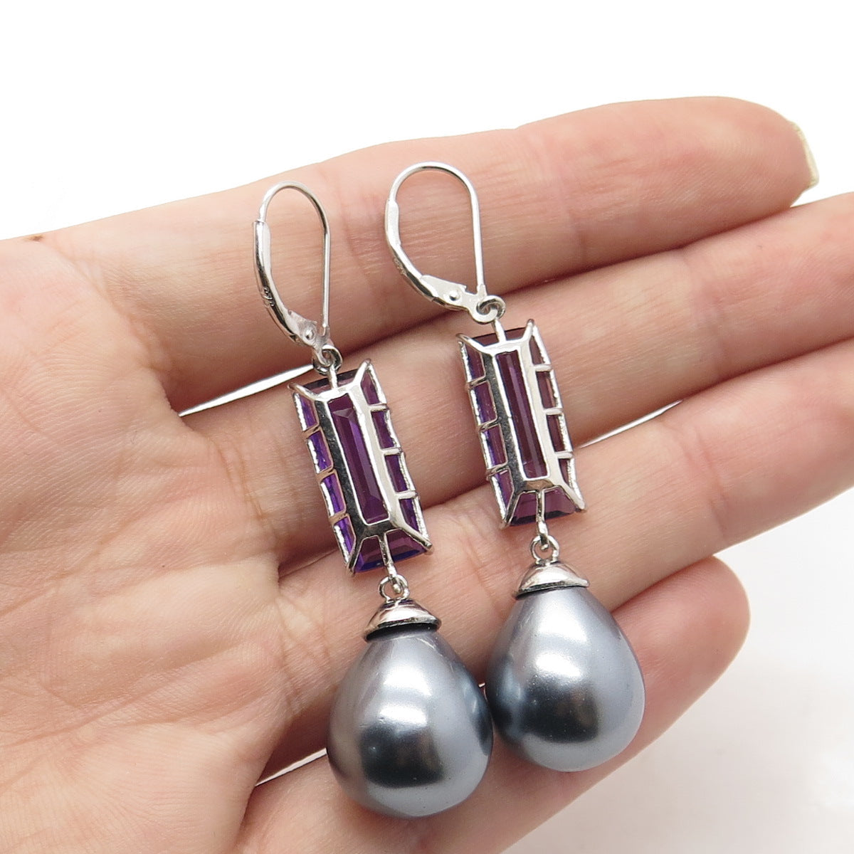 925 Sterling Silver Real Amethyst Gemstone & Faux Gray Pearl Dangling Earrings