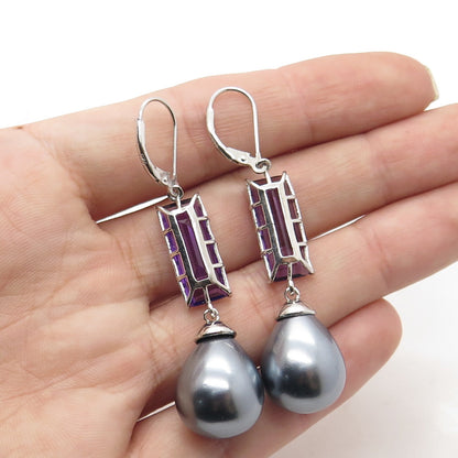 925 Sterling Silver Real Amethyst Gemstone & Faux Gray Pearl Dangling Earrings