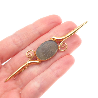 925 Sterling Silver Gold Plated Vintage Real Gray Agate Arabic Script Pin Brooch