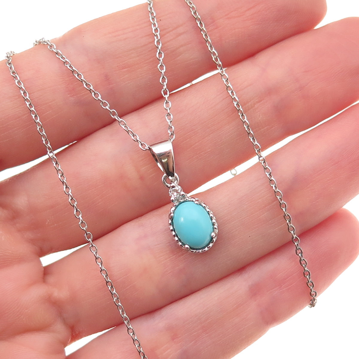 925 Sterling Silver Real Turquoise & White Topaz Cable Chain Necklace 18"