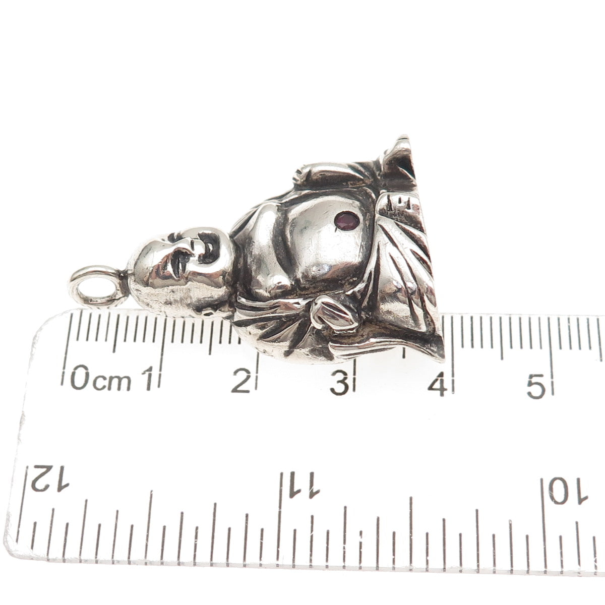 925 Sterling Silver Vintage Real Ruby Laughing Buddha Oxidized 3D Pendant