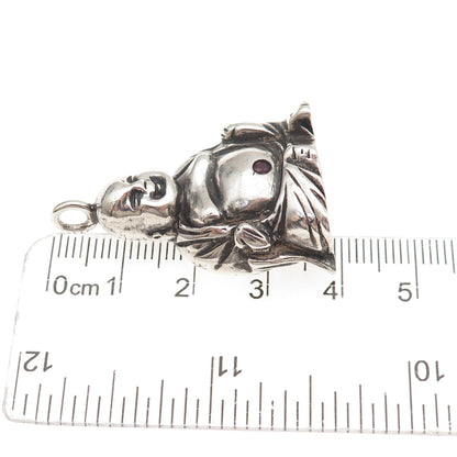 925 Sterling Silver Vintage Real Ruby Laughing Buddha Oxidized 3D Pendant