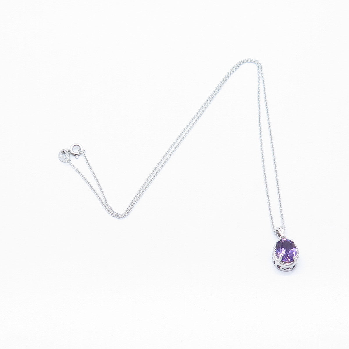 925 Sterling Silver Amethyst-Tone C Z Pendant Rolo Chain Necklace 18"