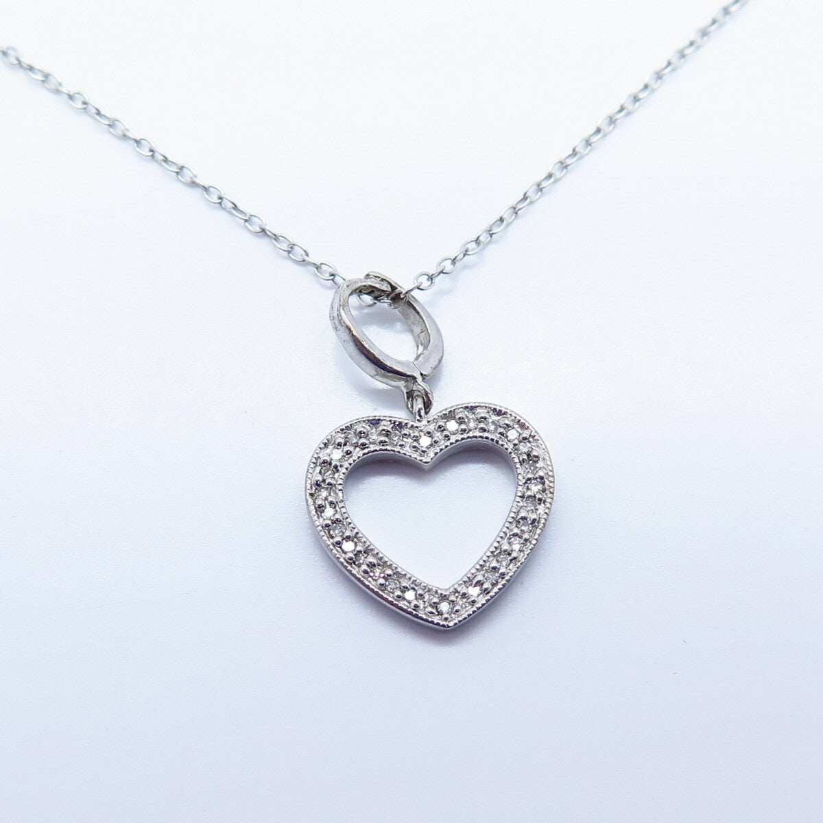 925 Sterling Silver Real White Diamond Open Heart Rolo Chain Necklace 16"