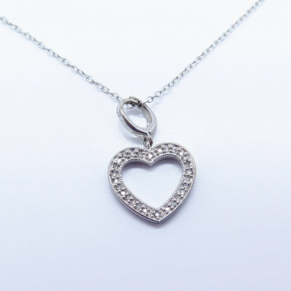 925 Sterling Silver Real White Diamond Open Heart Rolo Chain Necklace 16"