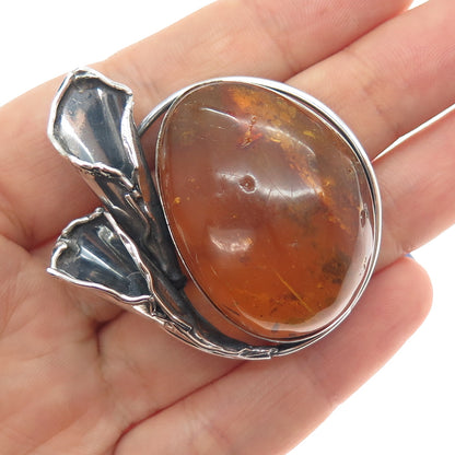 800 Silver Vintage Poland Real Amber Modernist Calla Lily Oxidized Pin Brooch