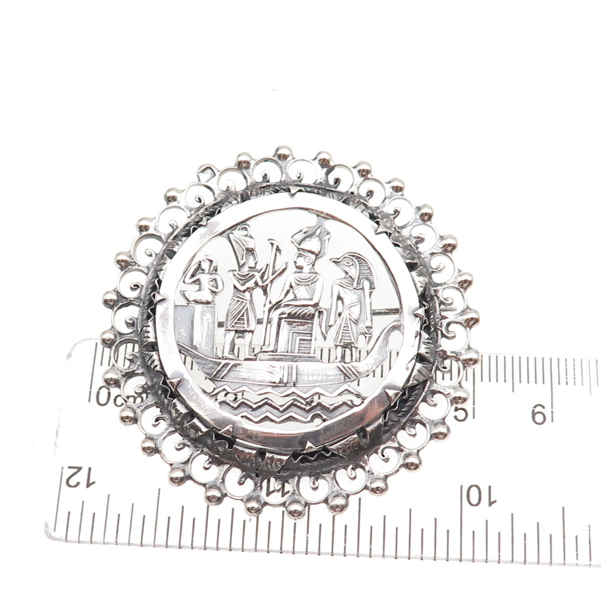 800 Silver Antique Art Deco Egyptian Gods Storyteller Oxidized Pin Brooch