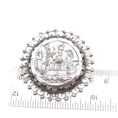 800 Silver Antique Art Deco Egyptian Gods Storyteller Oxidized Pin Brooch