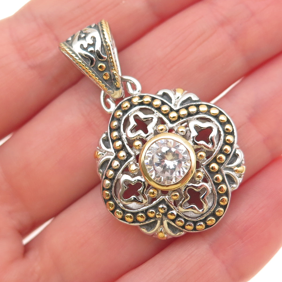 925 Sterling Silver 2-Tone Round-Cut C Z Beaded Cross Charm Pendant