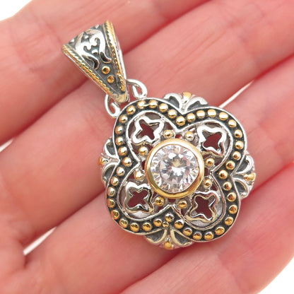 925 Sterling Silver 2-Tone Round-Cut C Z Beaded Cross Charm Pendant