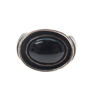 925 Sterling Silver Vintage Real Black Onyx Modernist Oxidized Ring Size 6.5