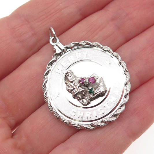 925 Sterling Silver Vintage Rhinestone Santa Merry Christmas Charm Pendant