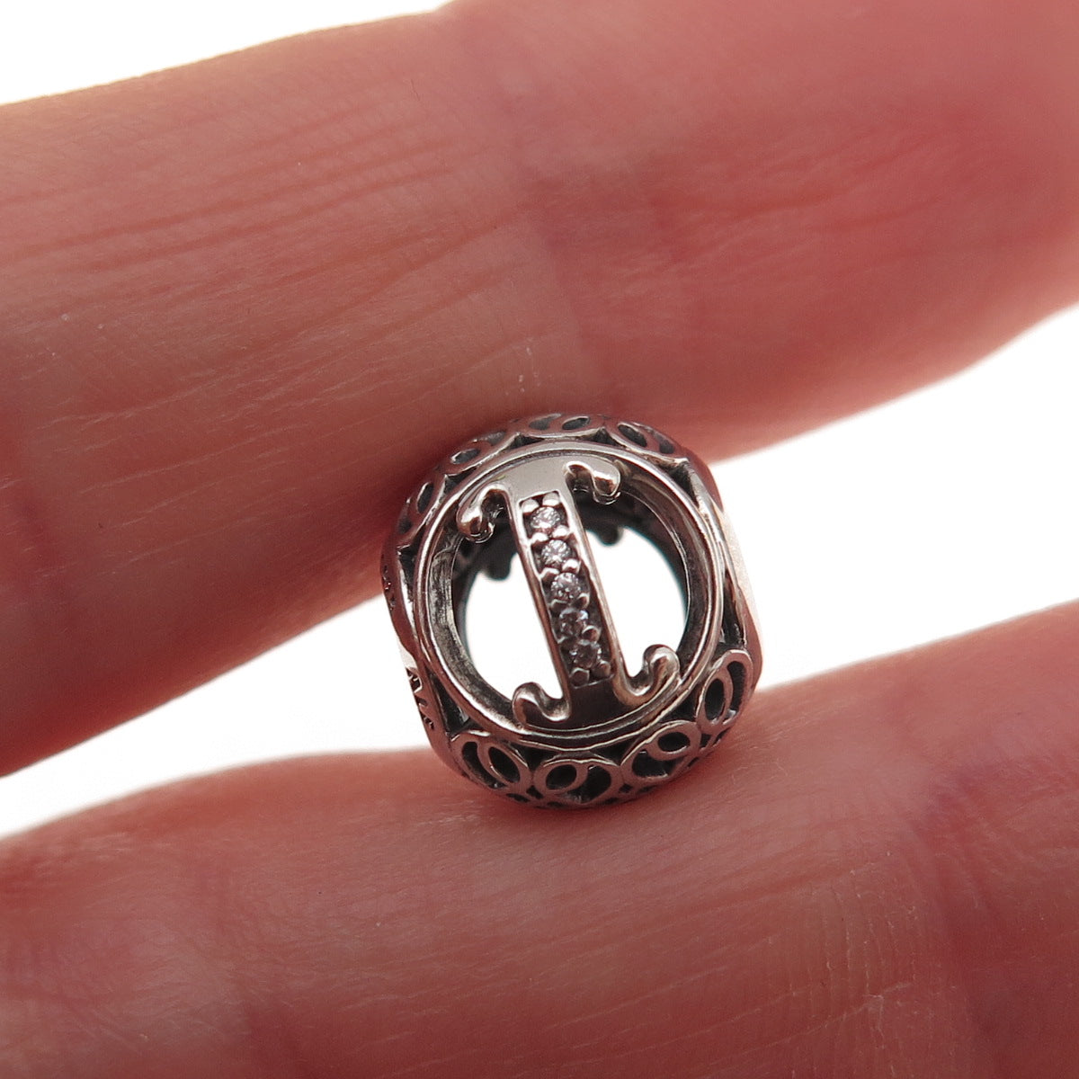 Pandora 925 Sterling Silver C Z Letter I Initial Slide Bead Charm