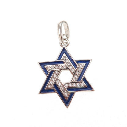 925 Sterling Silver Blue Enamel & C Z Star of David Charm Pendant