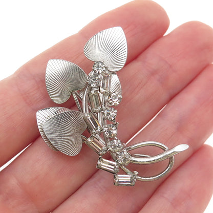 CARL ART 925 Sterling Silver Antique Art Deco Rhinestone Heart Floral Pin Brooch
