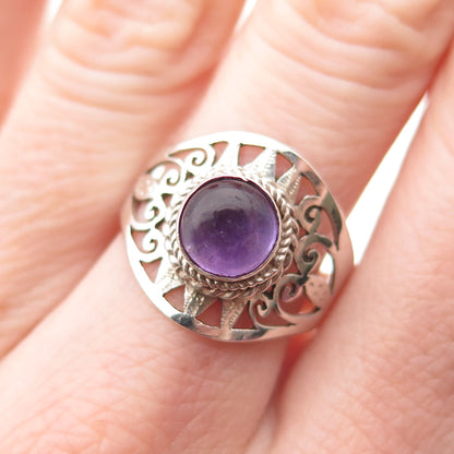 925 Sterling Silver Vintage Real Amethyst Modernist Sun Ring Size 7.75