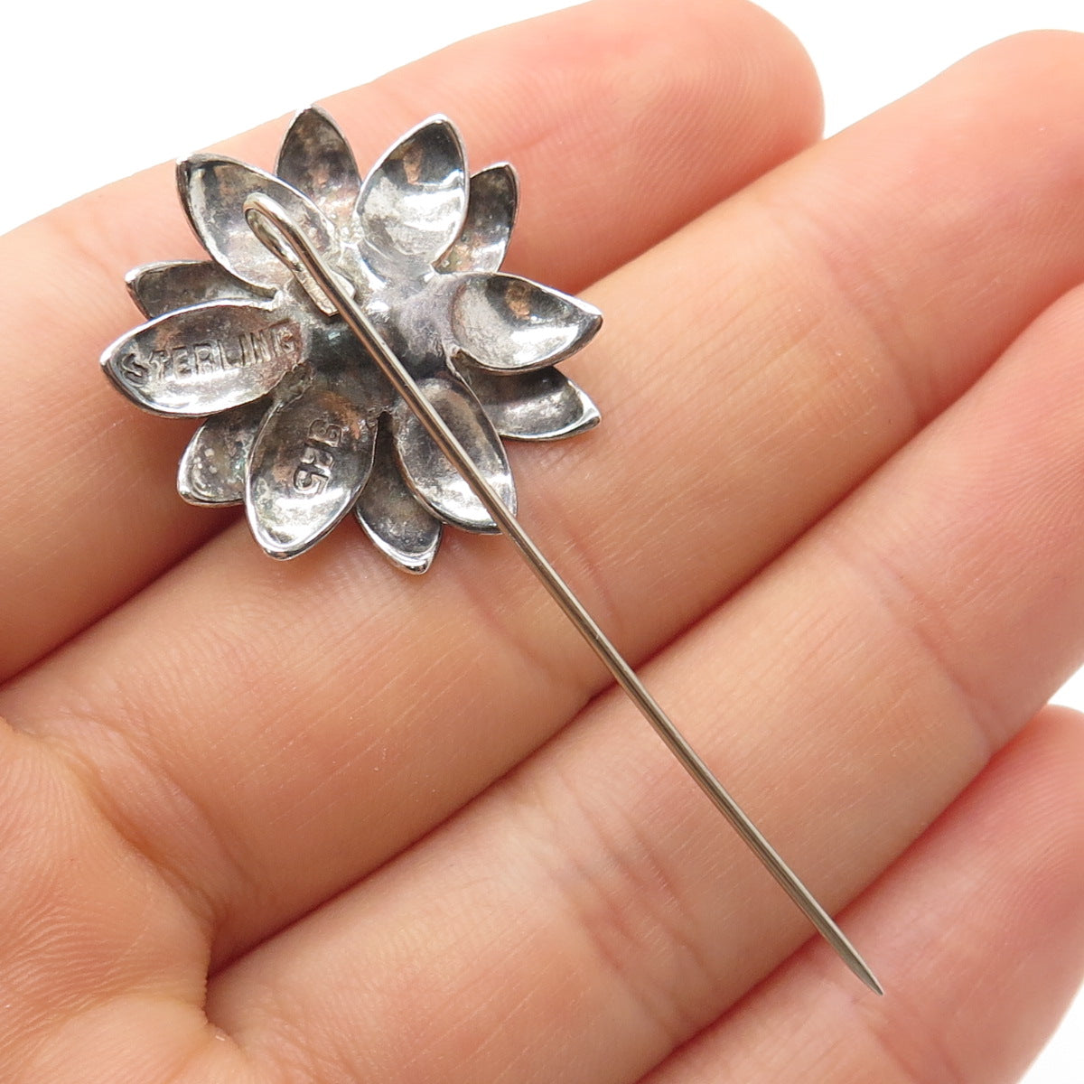 925 Sterling Silver Vintage Flower Oxidized Lapel Pin