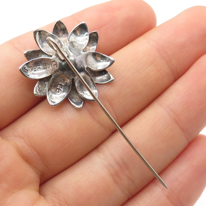 925 Sterling Silver Vintage Flower Oxidized Lapel Pin