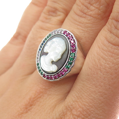 925 Sterling Vintage Real MOP Lab-Created Ruby Multi-C Z Cameo Ring Size 7.25
