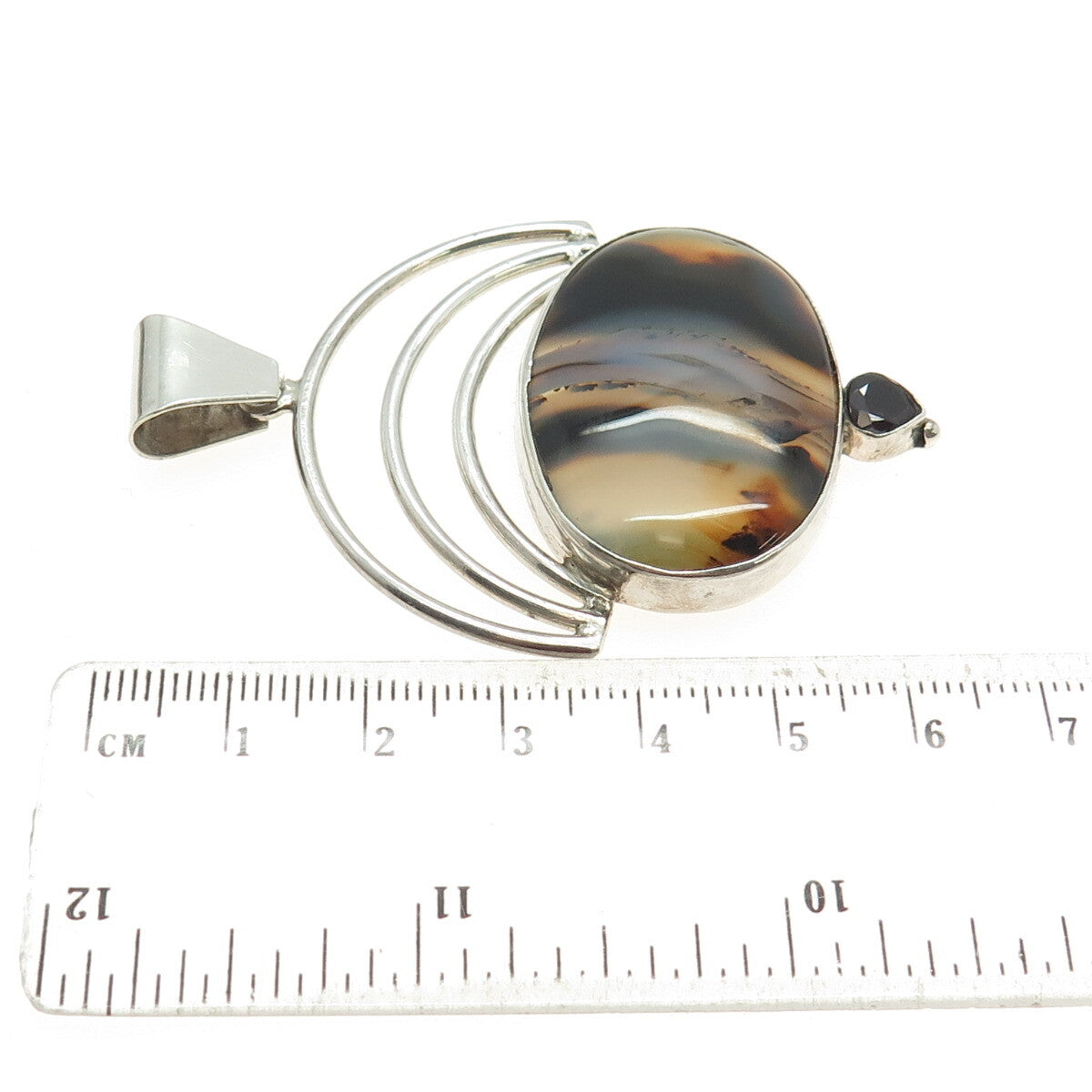 925 Sterling Silver Vintage Picture Agate & Red Garnet Gem Modernist Pendant